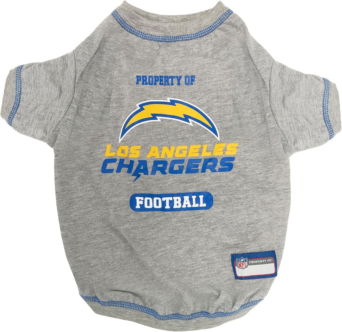 A heather gray dog t-shirt featuring the Los Angeles Chargers logo and text on the front, with blue and yellow accents. The shirt has short sleeves, blue trim, and an NFL patch on the lower right hem.
