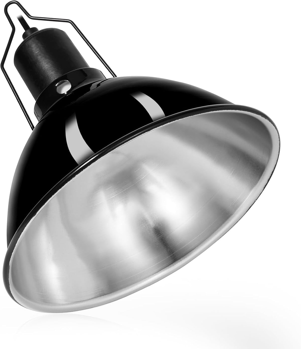 Black shallow dome lamp angled to show its wide silver reflective interior
