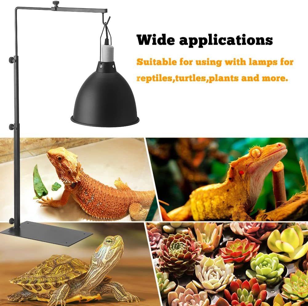 Black adjustable lamp for reptiles, turtles, and plants with images of a bearded dragon, turtle, and succulents.