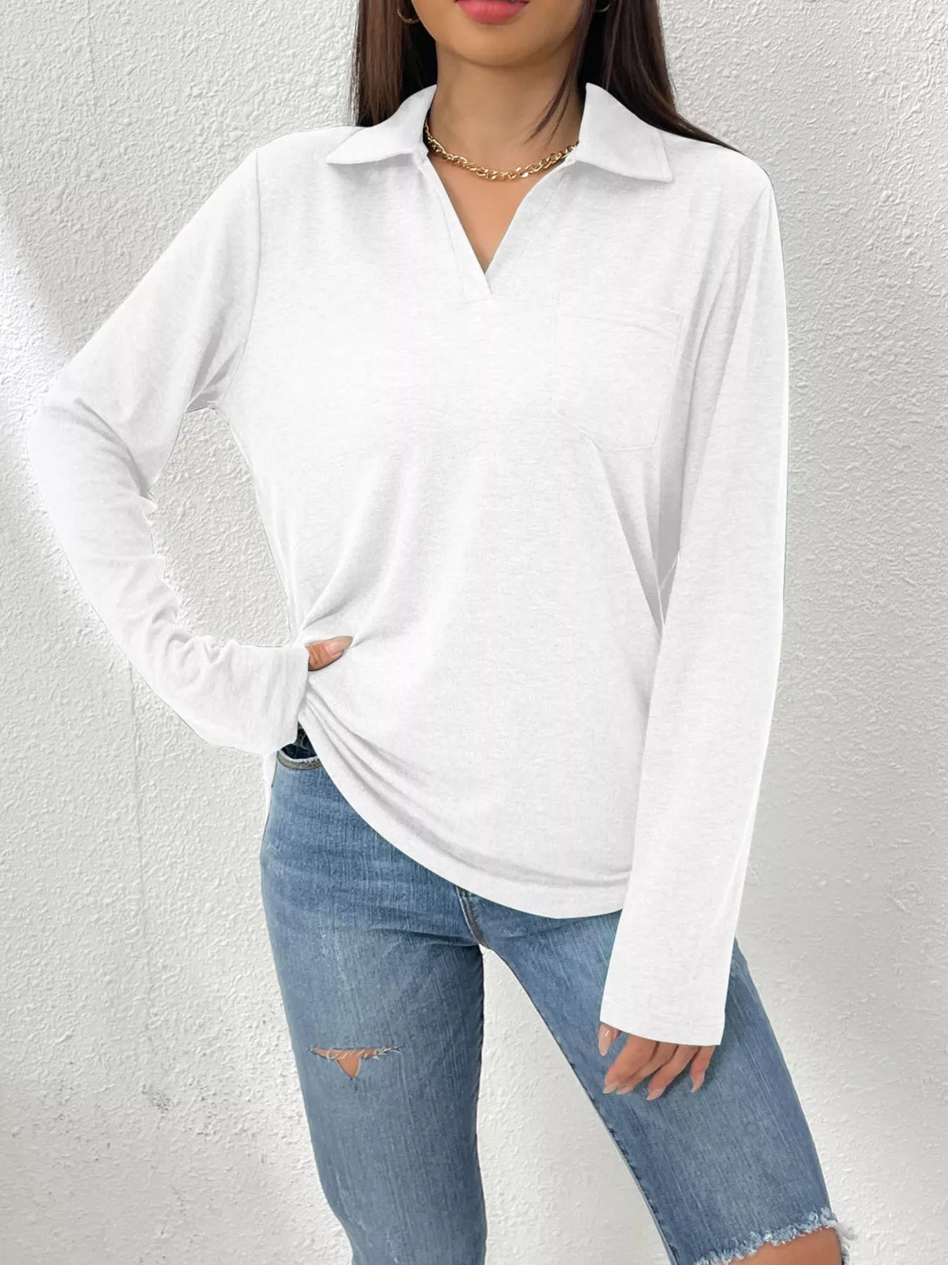 Women's Long Sleeve Polo Shirt | Casual V-Neck Pullover Top