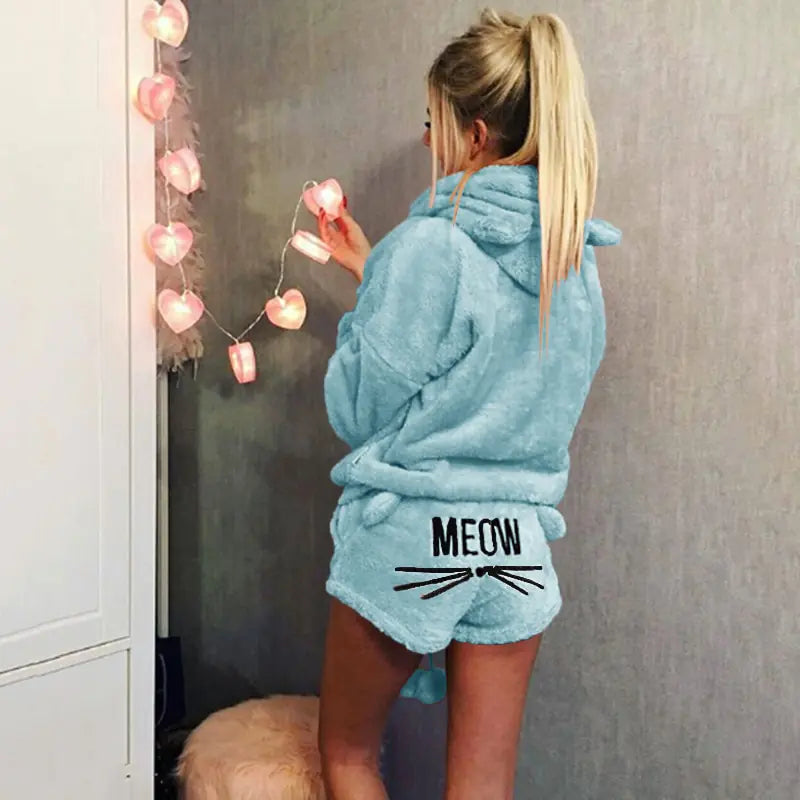Women's Plush Hoodie & Shorts Pajama Loungewear Set