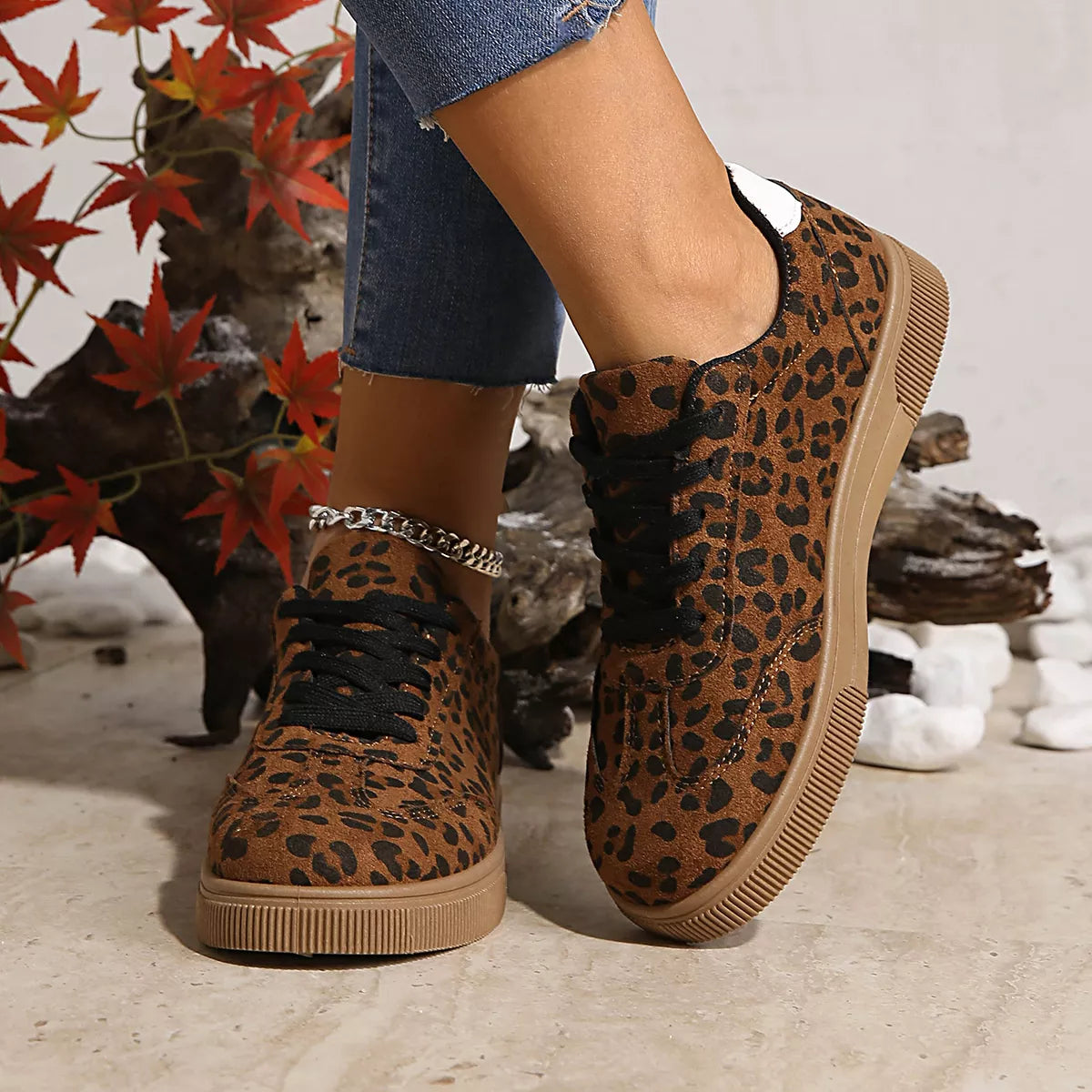 Women's Leopard Print Suede Lace-Up Sneakers | Casual Flat Shoes
