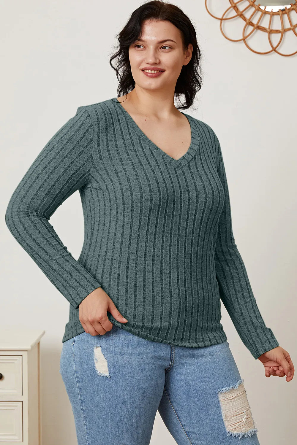 Basic Bae Ribbed V-Neck Long Sleeve Top