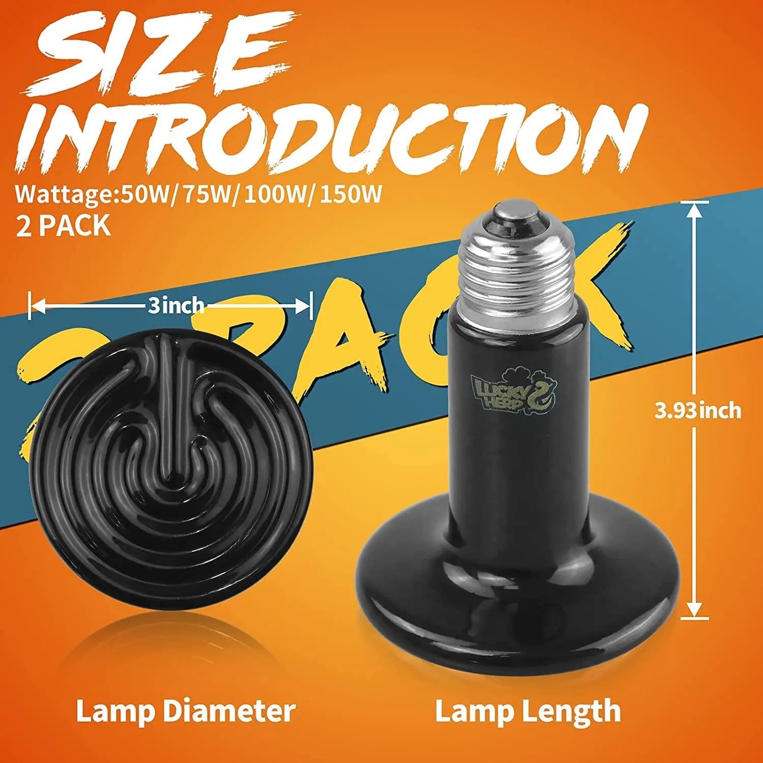 Ceramic Heat Emitter Bulbs – 2-Pack, No Light | 50W, 75W, 100W & 150W | E26 Base | 10,000-Hour Reptile & Small Pet Heater