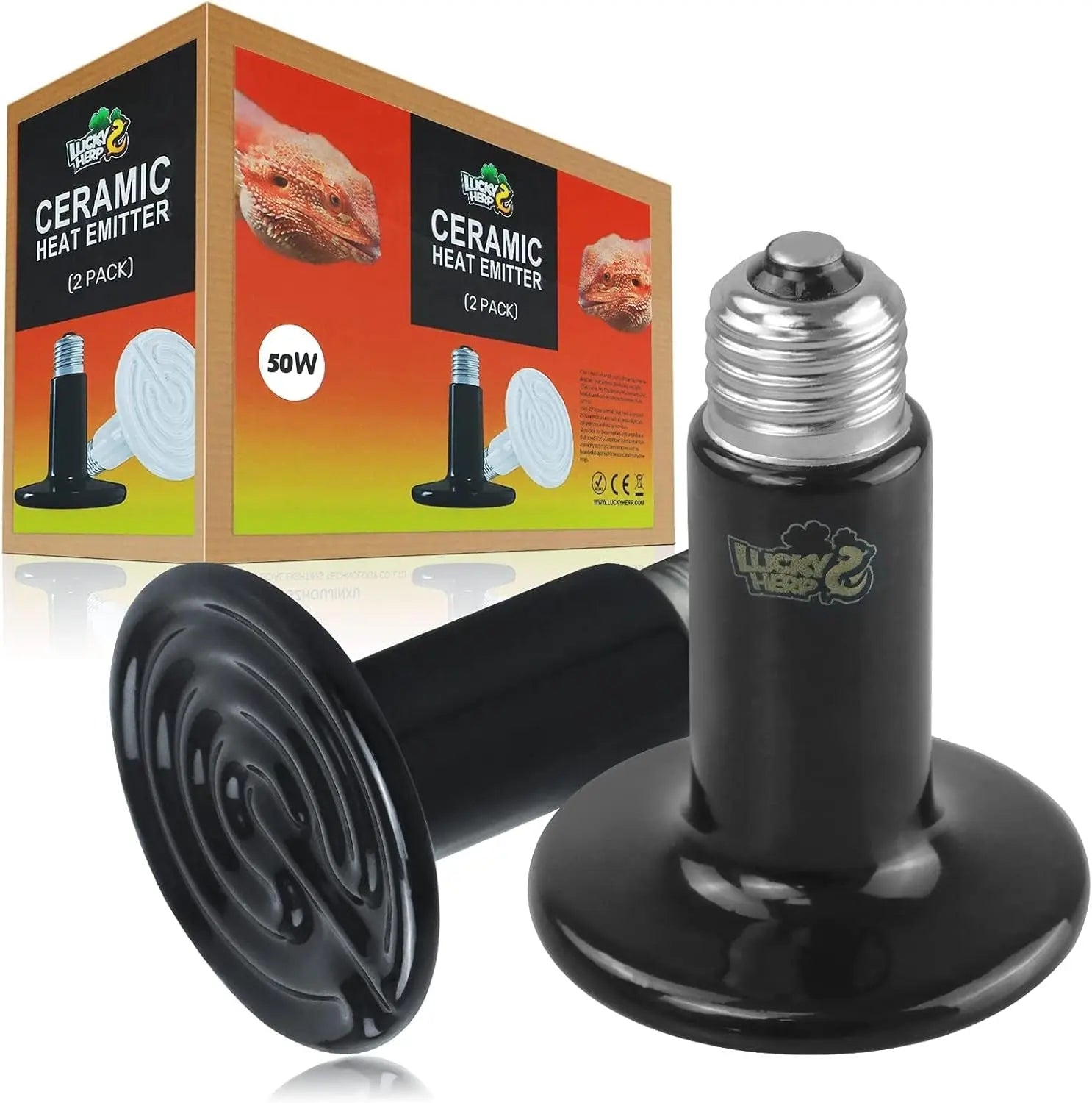 Ceramic Heat Emitter Bulbs – 2-Pack, No Light | 50W, 75W, 100W & 150W | E26 Base | 10,000-Hour Reptile & Small Pet Heater