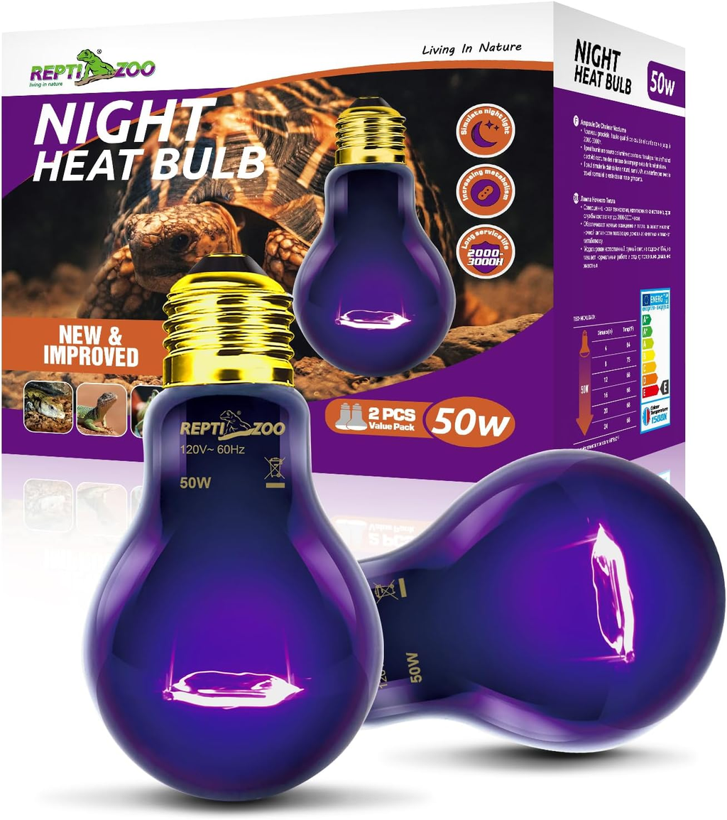 Reptile night heat bulb with packaging displaying product details.
