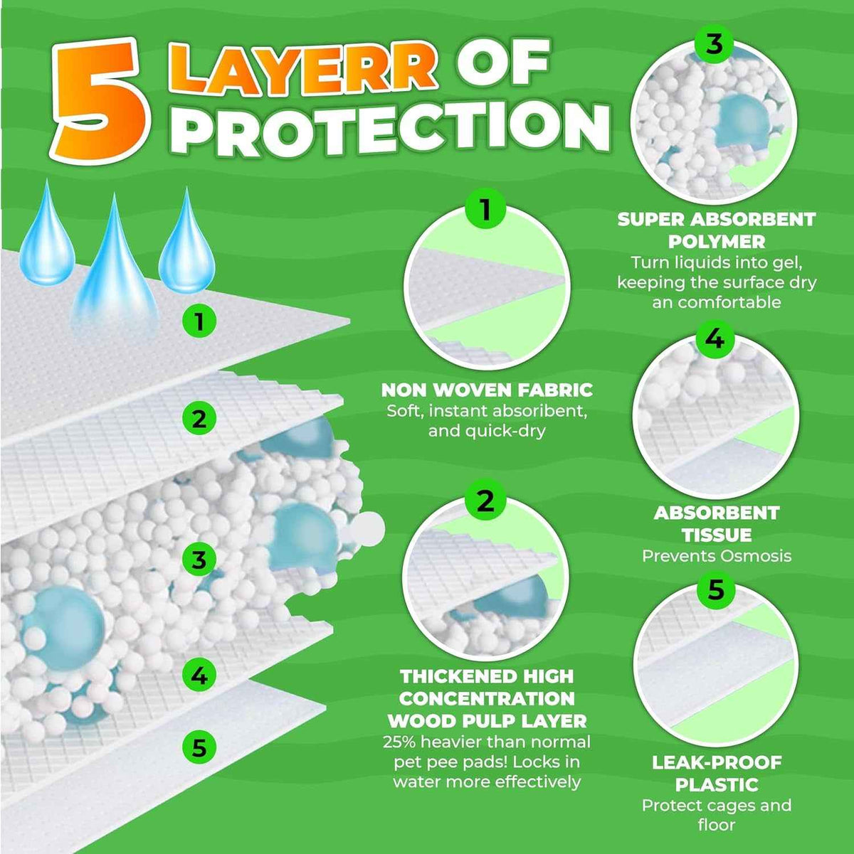 An infographic diagram illustrating the 5 layers of protection of a pee pad, featuring a cross-section of the layered structure with water droplets and numbered callouts explaining each layer's function on a green background.