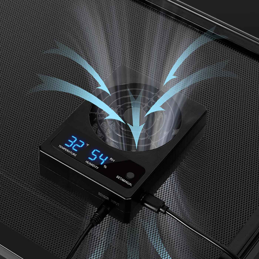 Digital temperature and humidity monitor with cooling fan on a black background