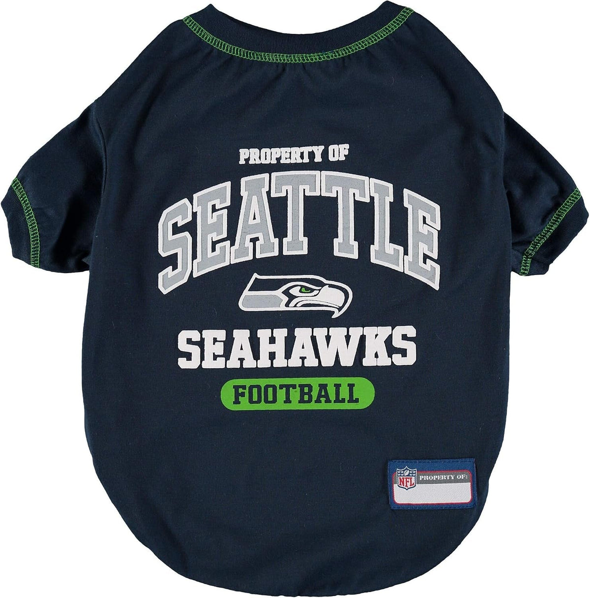 A navy blue dog t-shirt featuring the Seattle Seahawks logo and 'PROPERTY OF SEATTLE SEAHAWKS FOOTBALL' printed on the front, with green trim on the collar and sleeve cuffs.