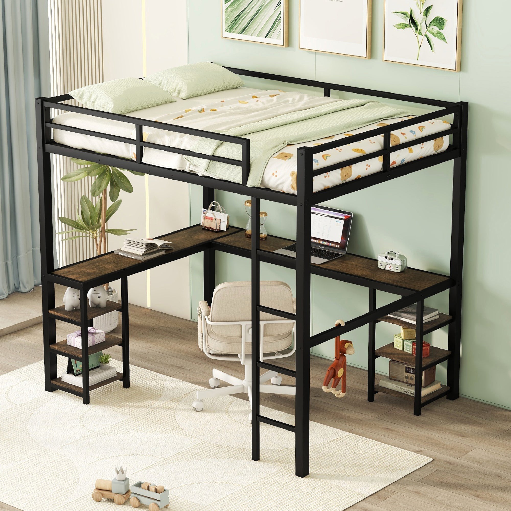 Full Metal Loft Bed with Desk, Shelves & Ladder – Full Size Space-Saving Bedroom Bed Frame