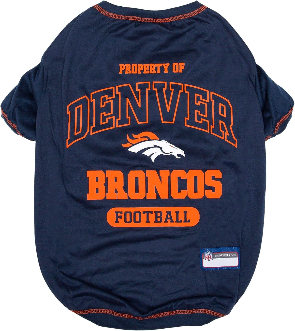 Navy blue pet shirt with 'Property of Denver Broncos Football' text and logo on a white background