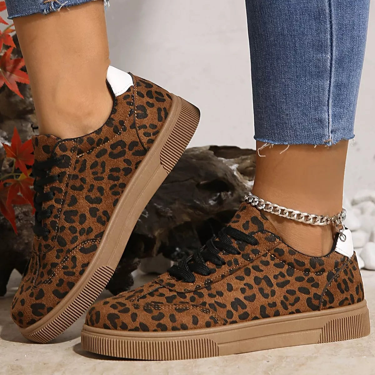 Women's Leopard Print Suede Lace-Up Sneakers | Casual Flat Shoes