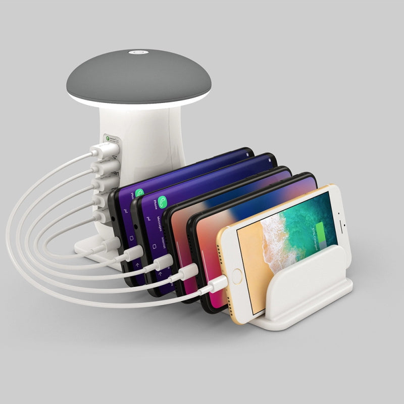 Mushroom LED Night Lamp + 5-Port USB Charging Station with Device Stand