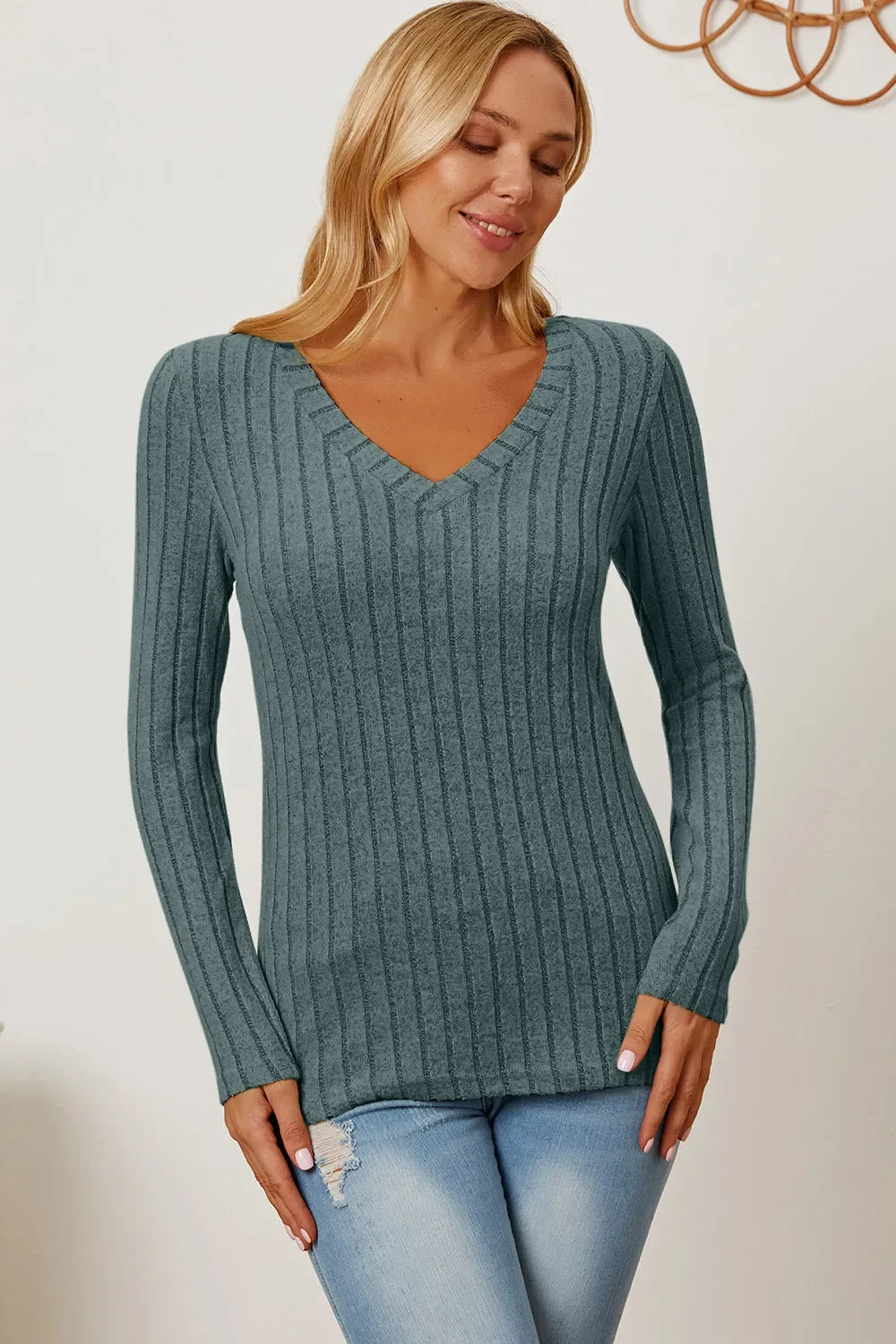 Basic Bae Ribbed V-Neck Long Sleeve Top