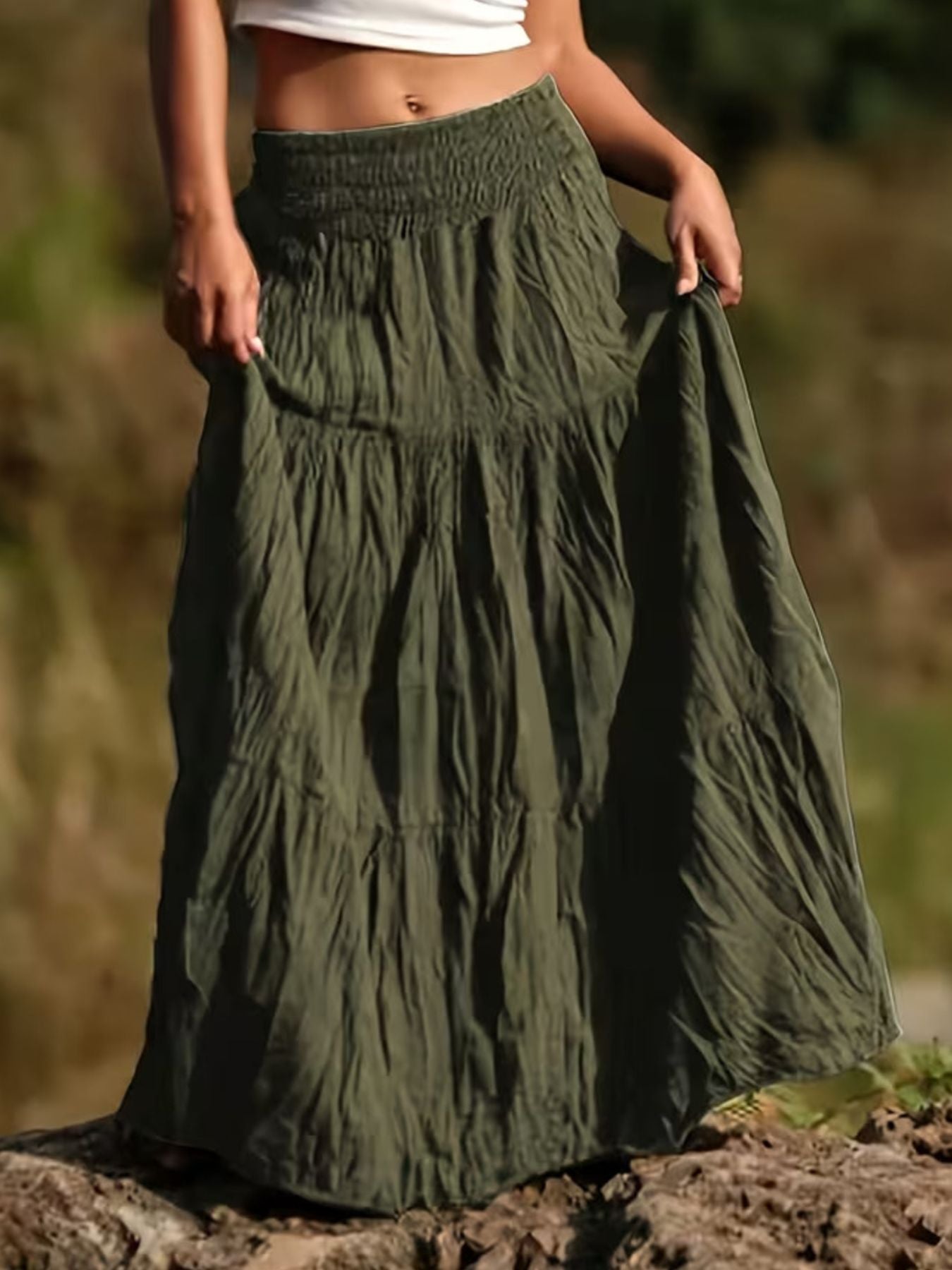 Women's Ruched Tiered Maxi Skirt | Bohemian Flowy Long Skirt