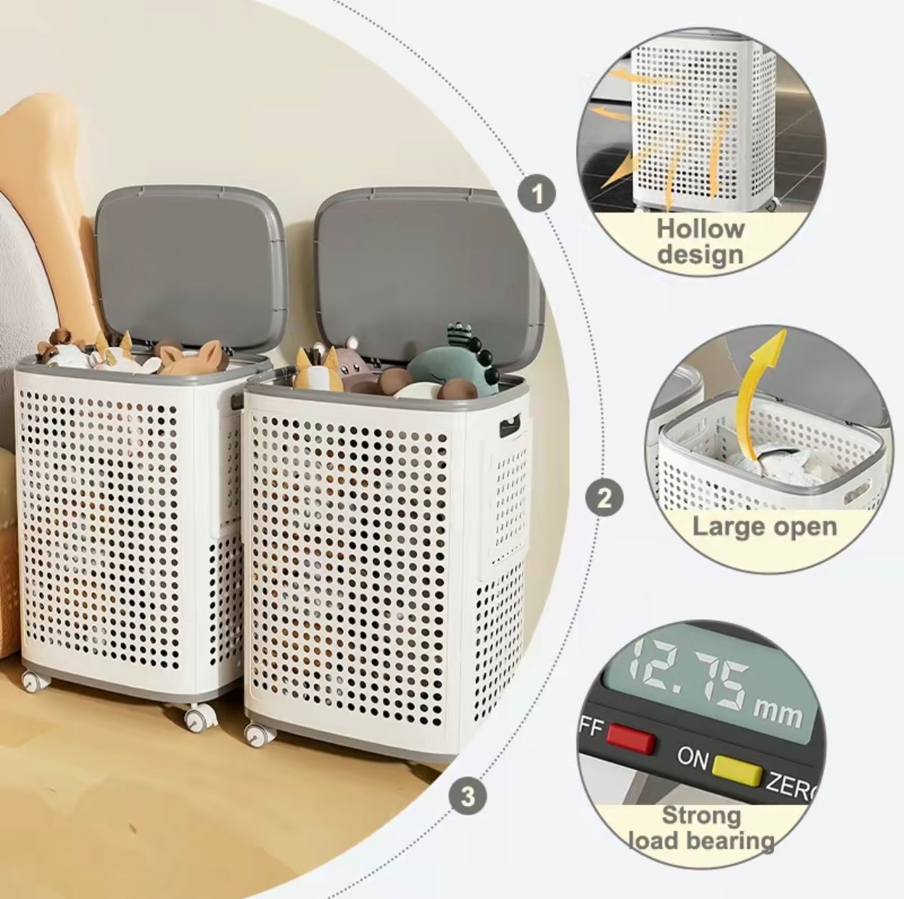 RollEase Rolling Laundry Hamper with Lid & Wheels — Ventilated Hamper for Bedroom & Bathroom