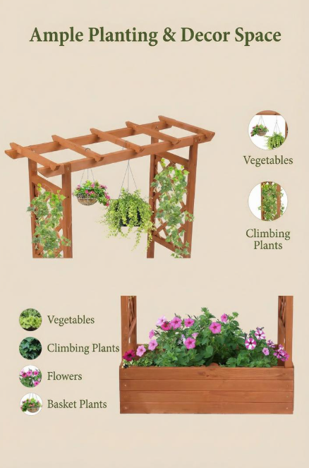 Raised Wooden Planter Box with Pergola Trellis – 100% Fir Wood, 4 Drainage Holes | Patio & Balcony