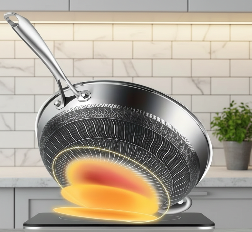 13.3" Stainless Steel Wok Pan – Honeycomb Nonstick Interior, Tempered Glass Lid | All Cooktops