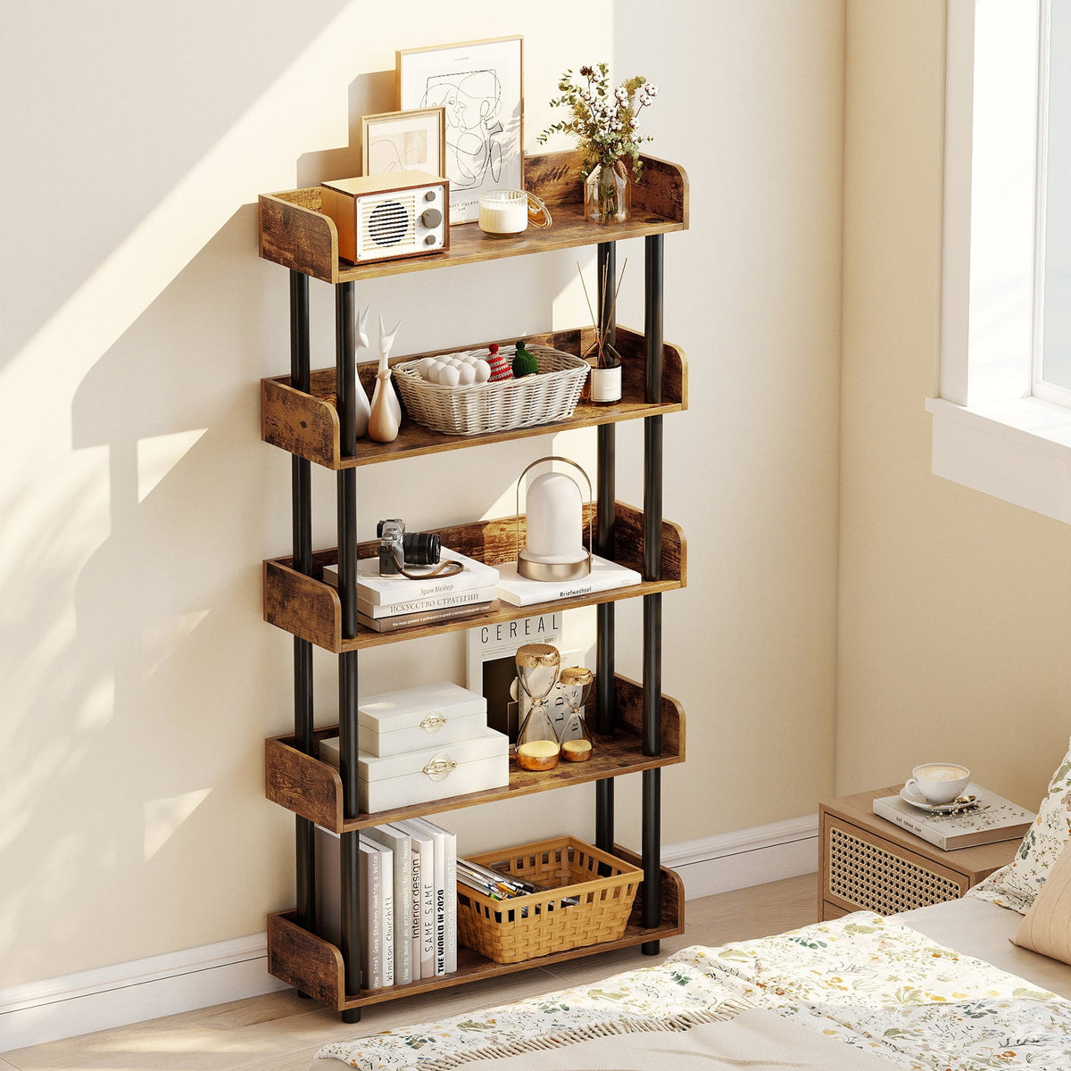 5-Tier Industrial Bookcase with Open Shelves