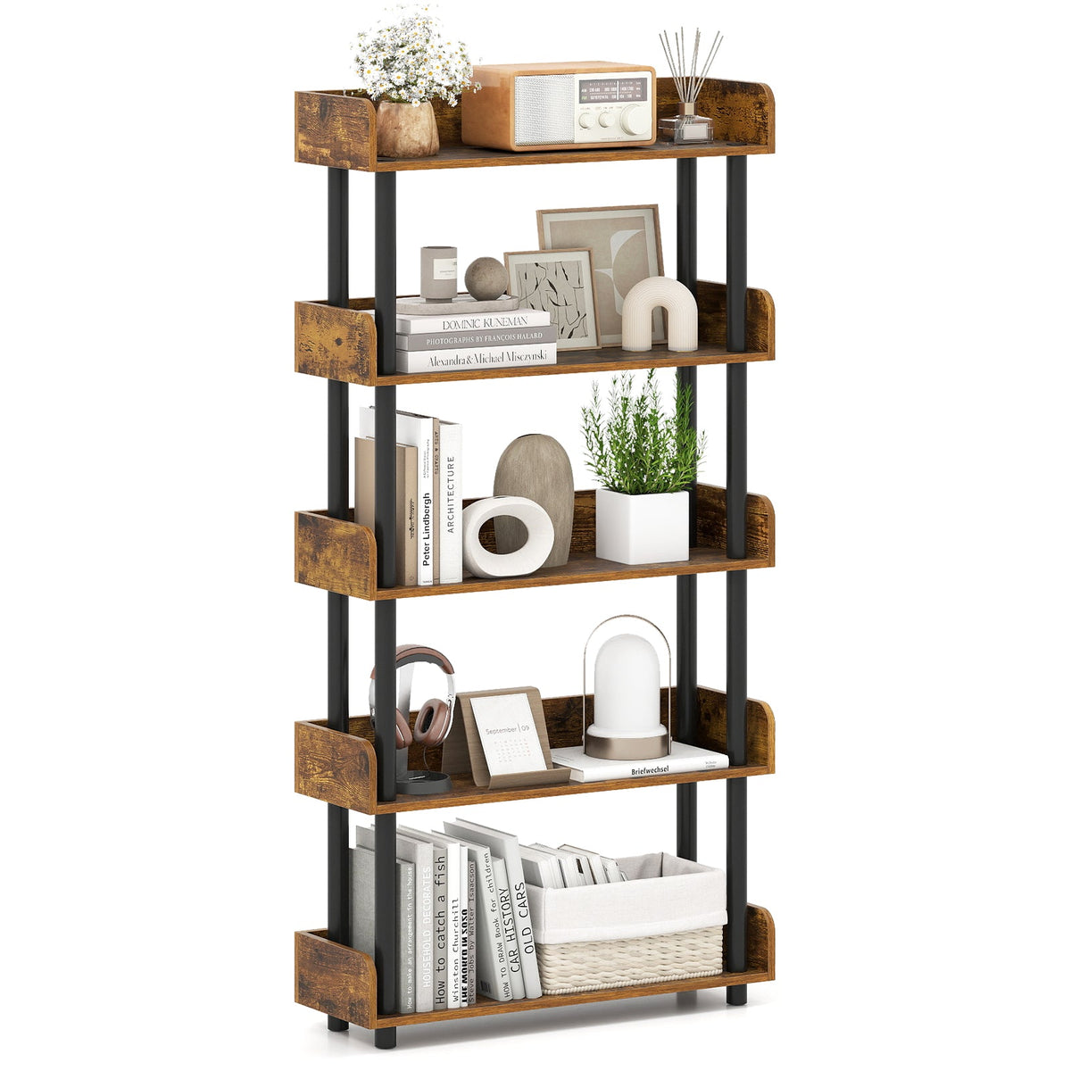 5-Tier Industrial Bookcase with Open Shelves