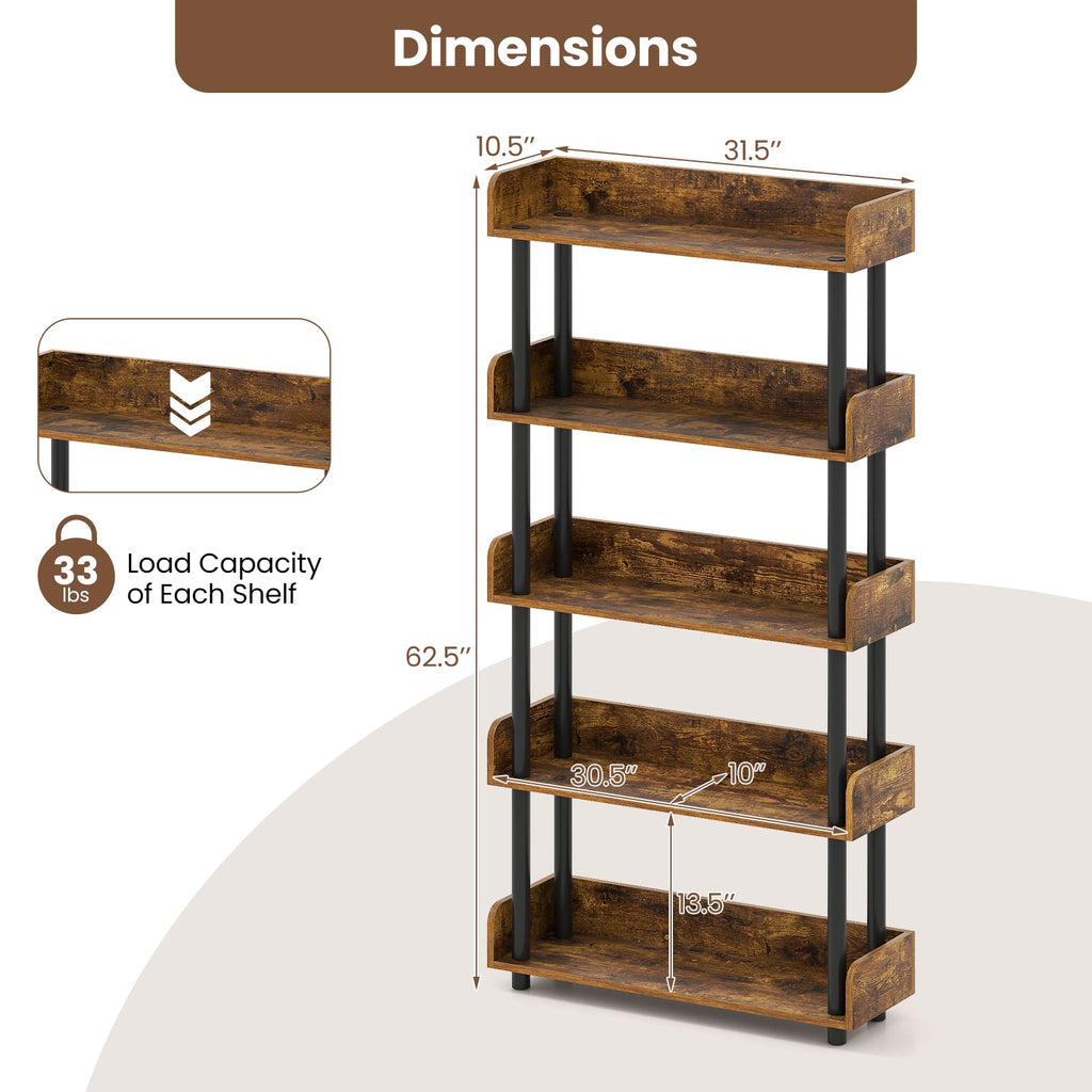 5-Tier Industrial Bookcase with Open Shelves