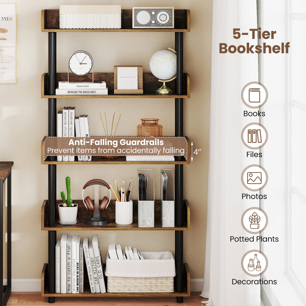 5-Tier Industrial Bookcase with Open Shelves