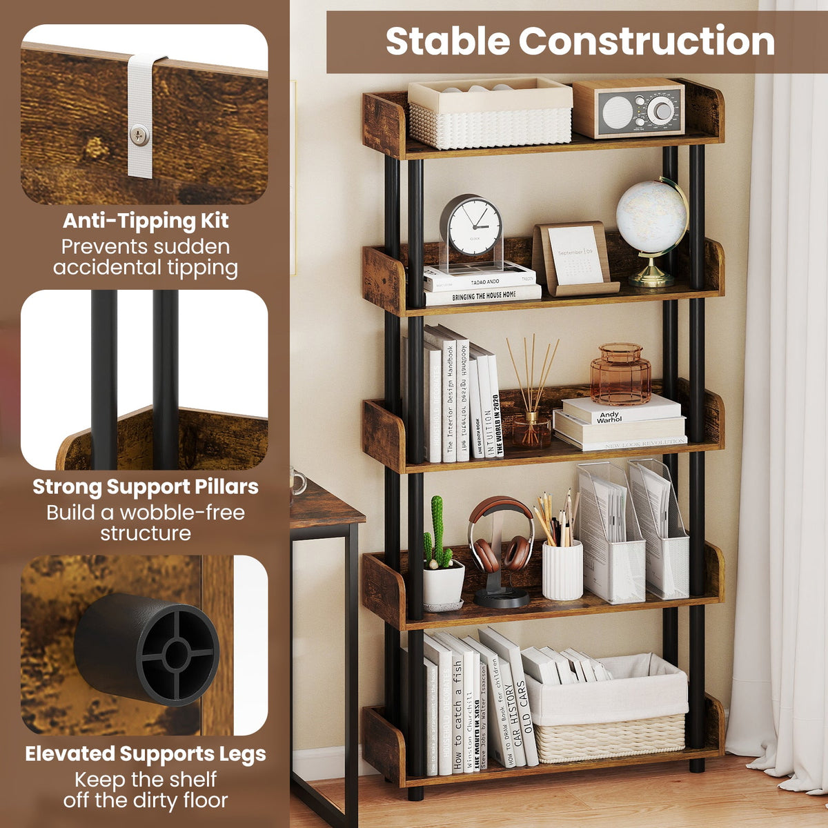5-Tier Industrial Bookcase with Open Shelves