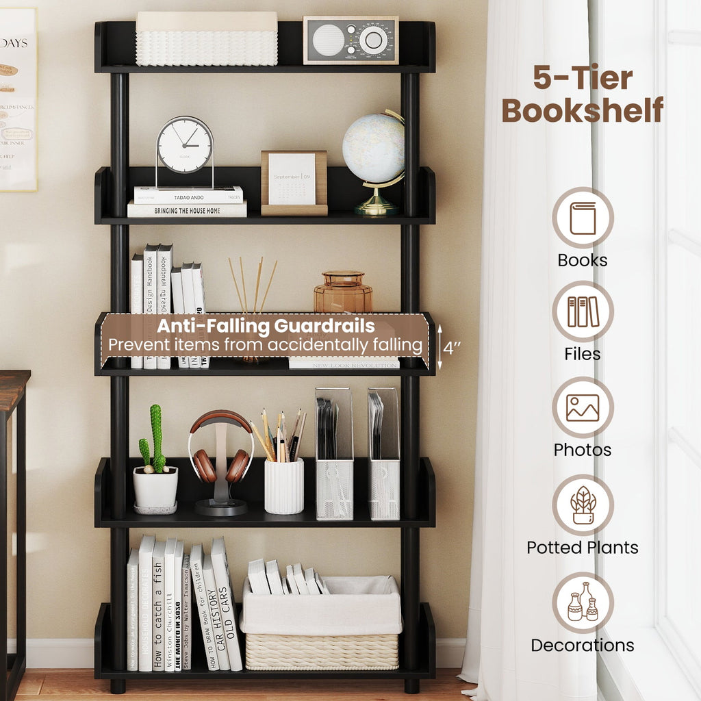 5-Tier Industrial Bookcase with Open Shelves