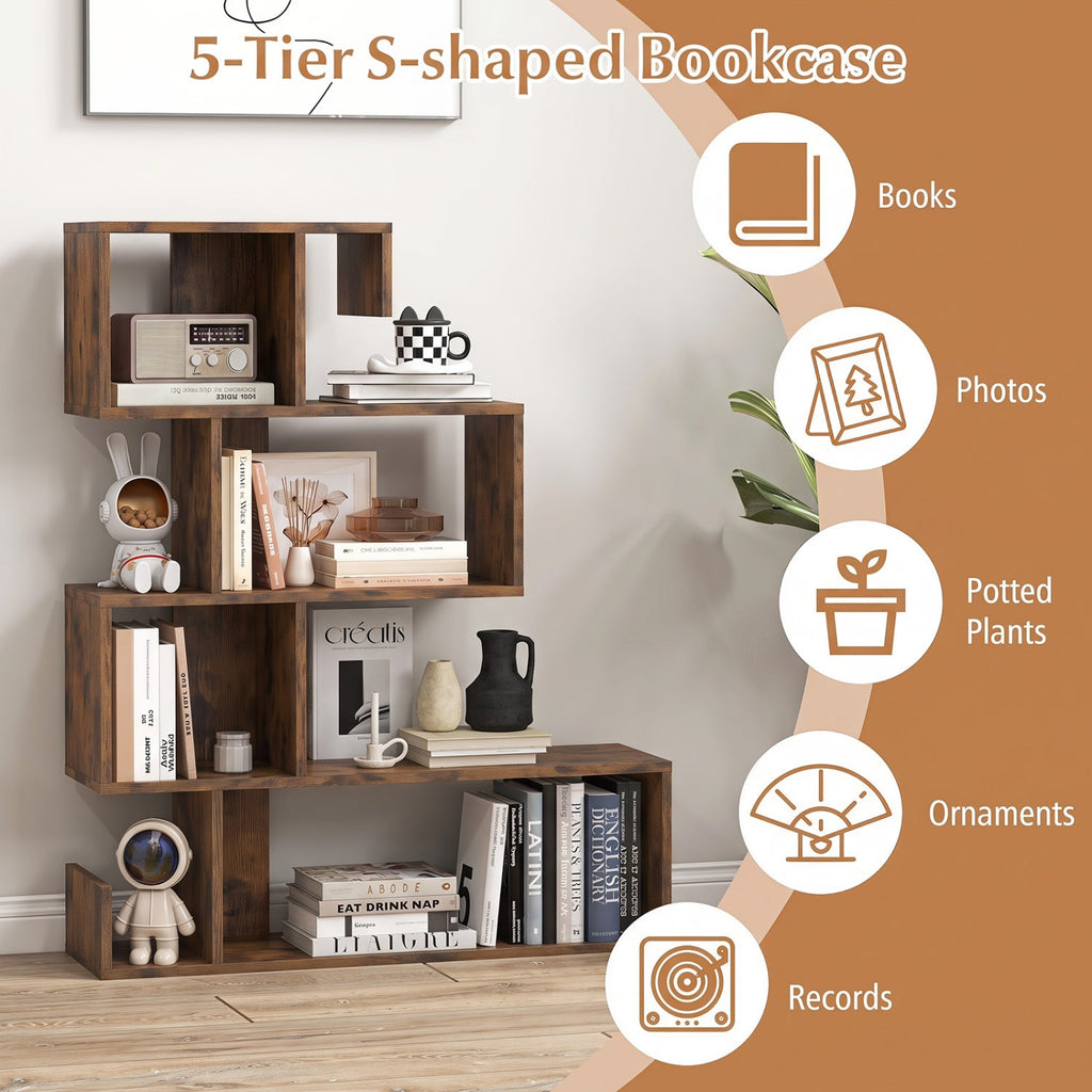 5-Tier S-Shaped Geometric Bookshelf