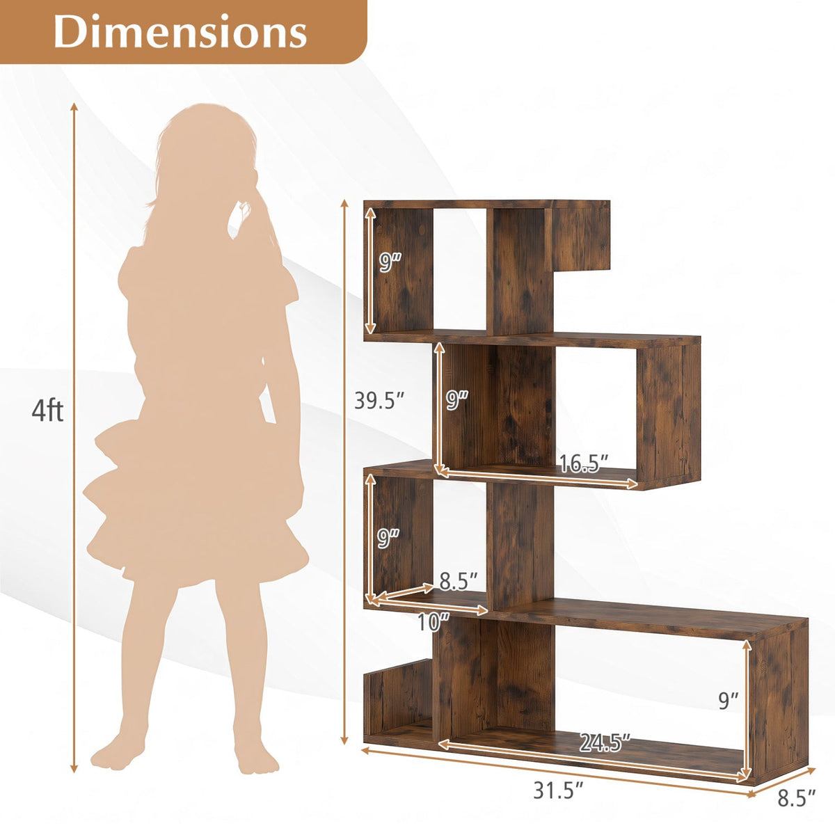 5-Tier S-Shaped Geometric Bookshelf