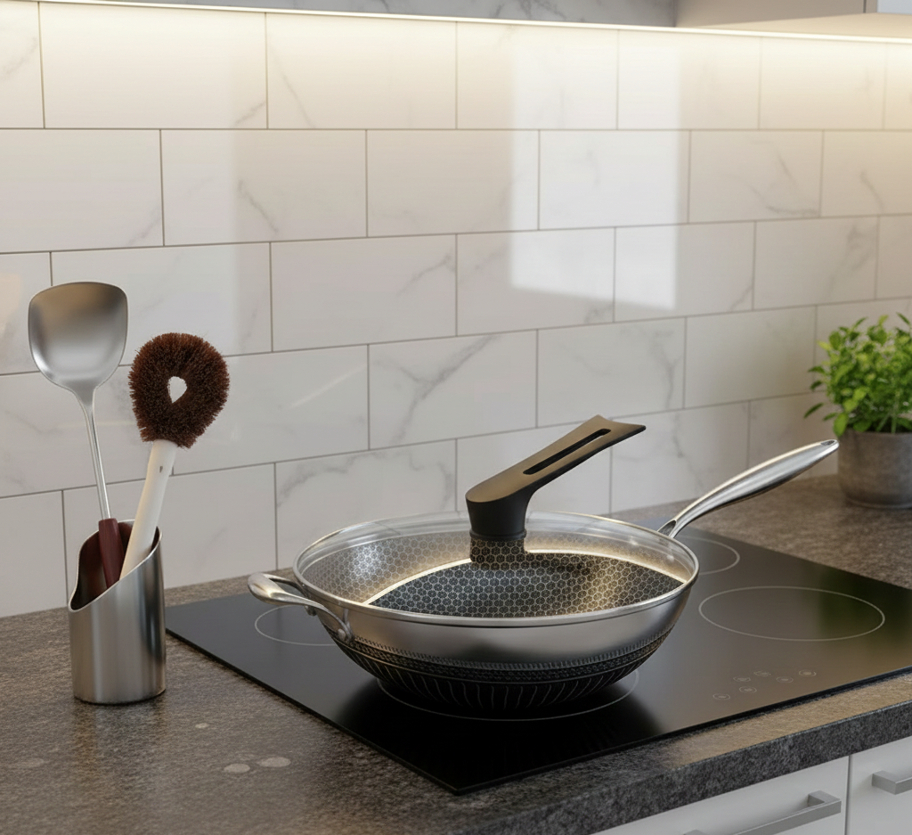 13.3" Stainless Steel Wok Pan – Honeycomb Nonstick Interior, Tempered Glass Lid | All Cooktops