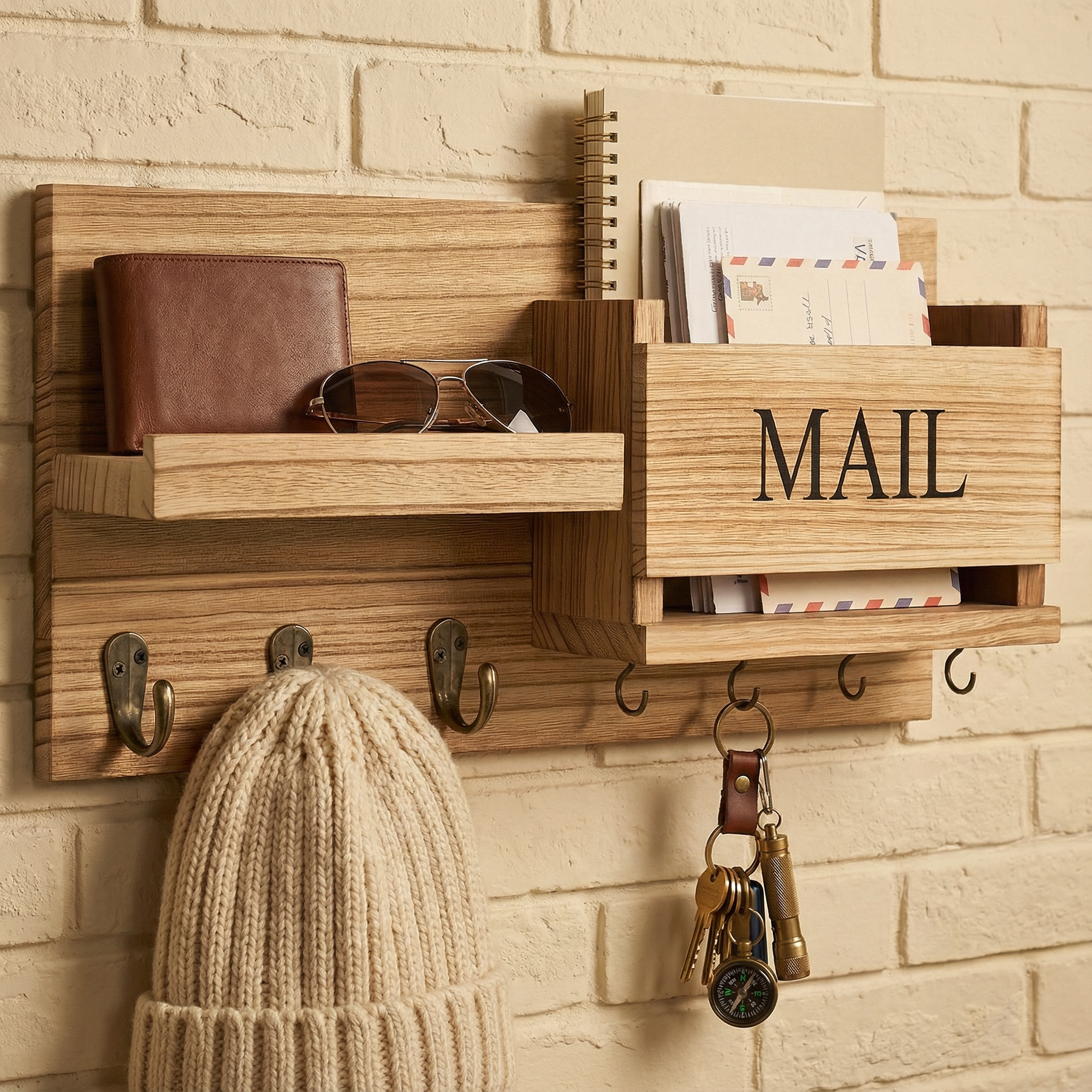 Rustic Wood Wall Organizer – Key Holder, Mail Rack & Multi-Hook Entryway Shelf