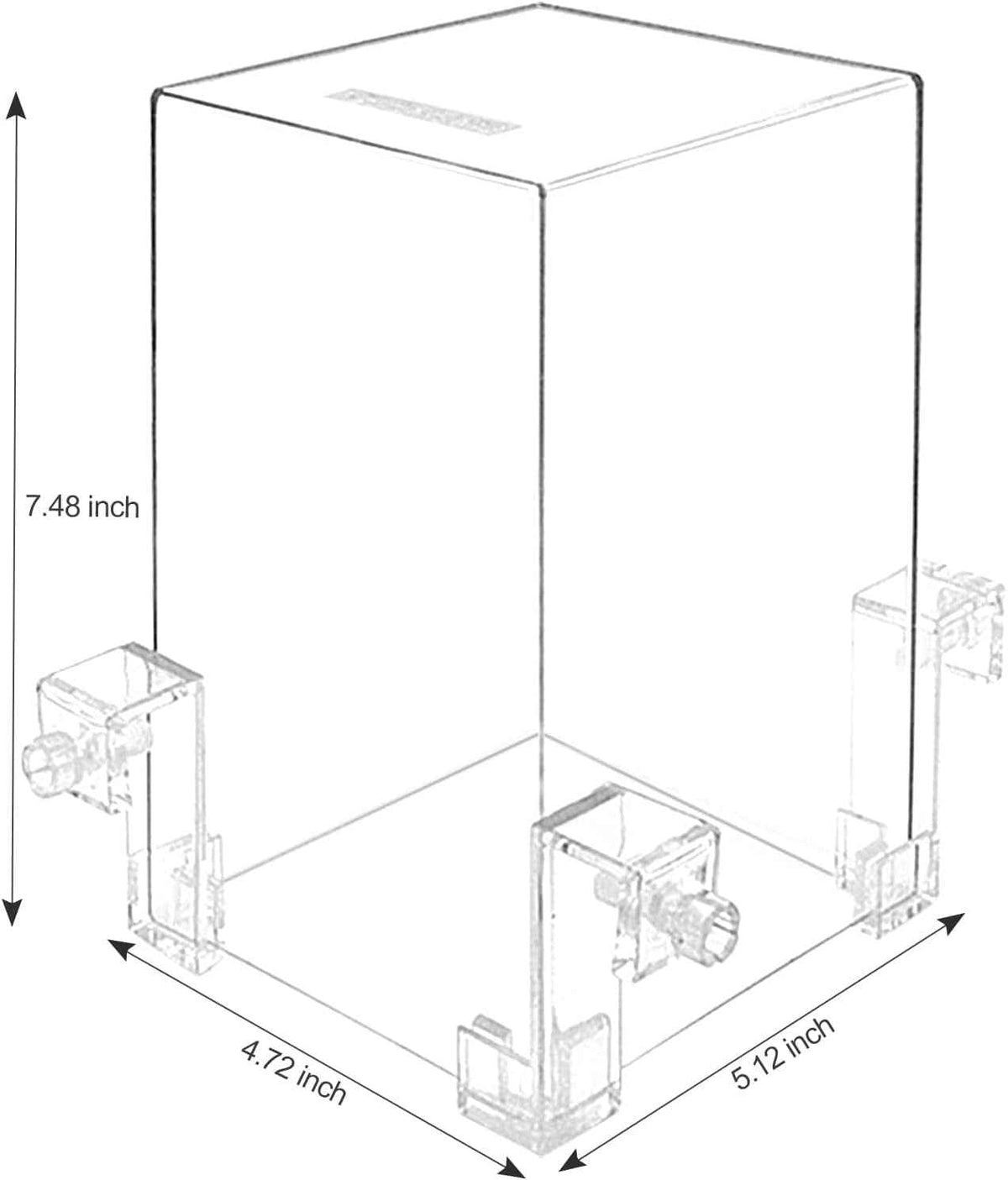 Clear aquarium viewing chamber with three mounting hooks and labeled dimensions on a white background