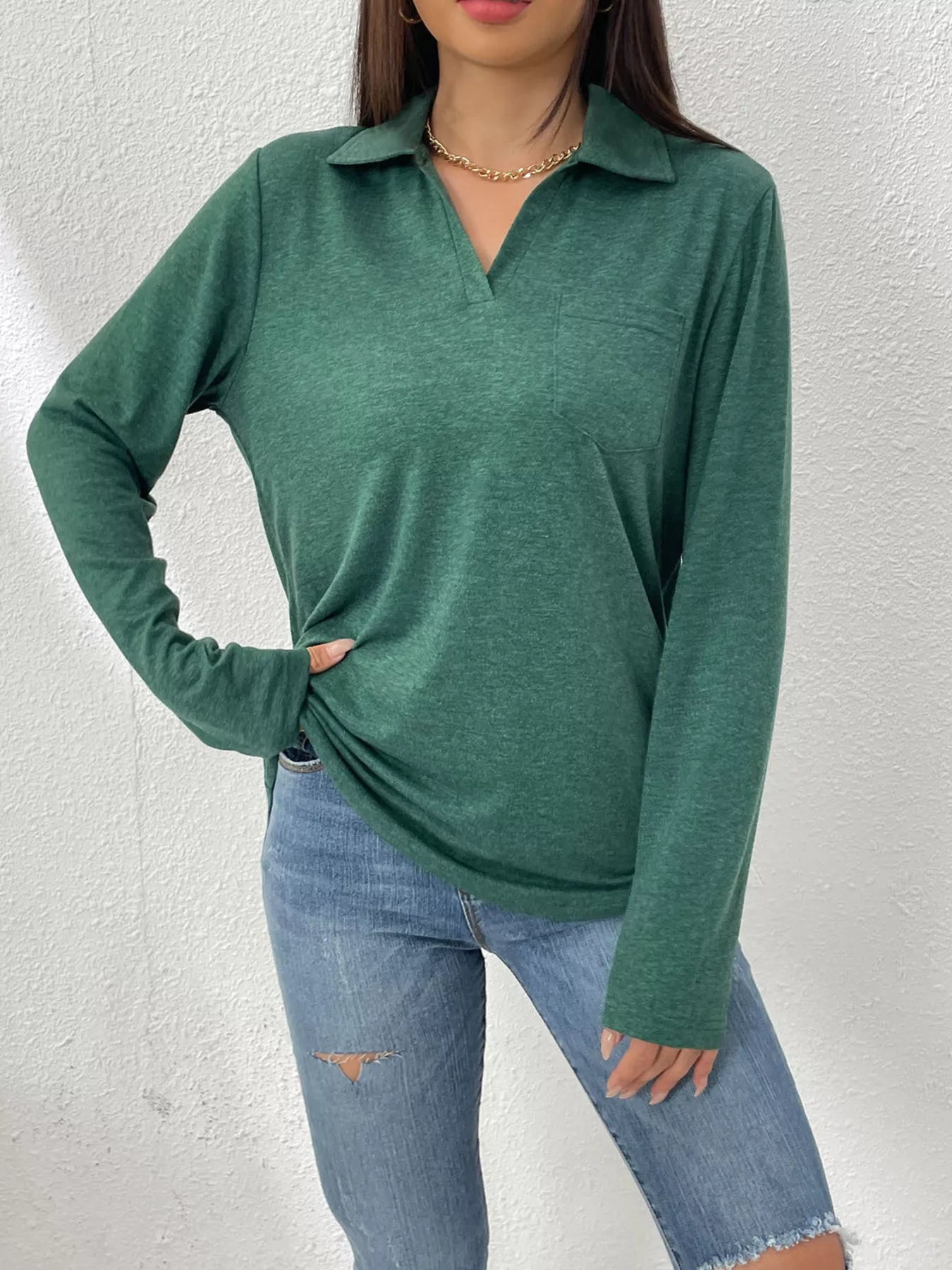 Women's Long Sleeve Polo Shirt | Casual V-Neck Pullover Top