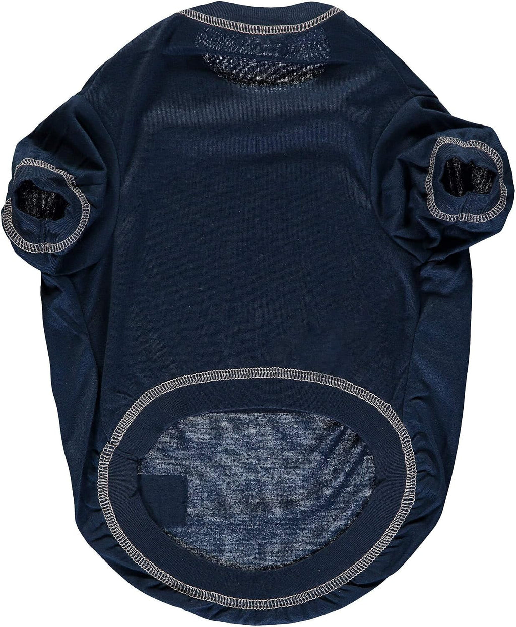 Navy blue dog sweater with gray accents on a white background
