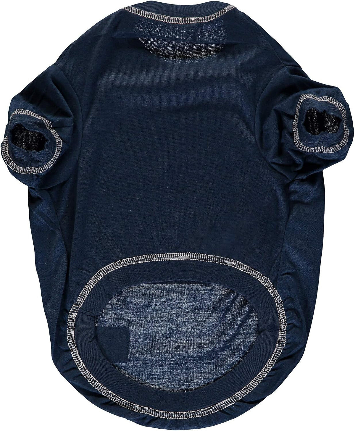 Navy blue dog sweater with gray accents on a white background