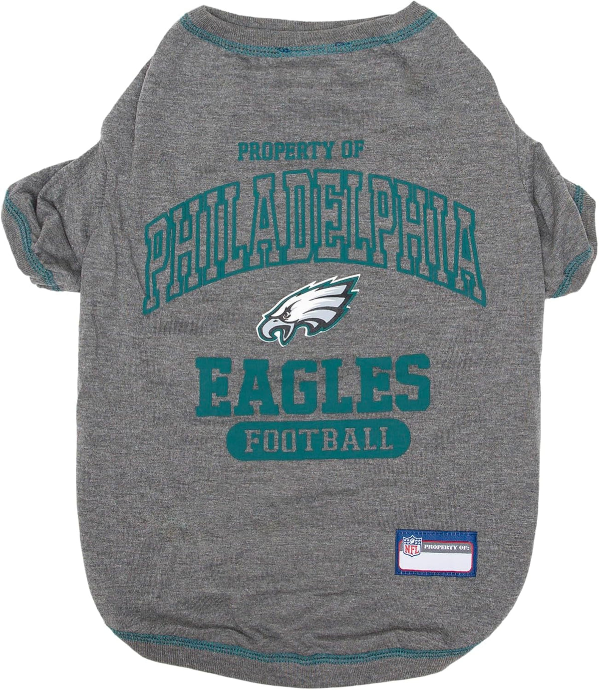 Gray dog shirt with Philadelphia Eagles logo and text on a white background
