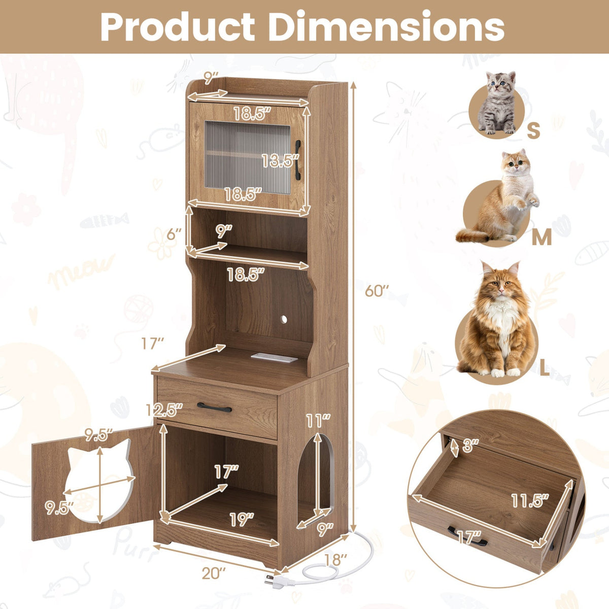 60" Cat Litter Box Enclosure Cabinet