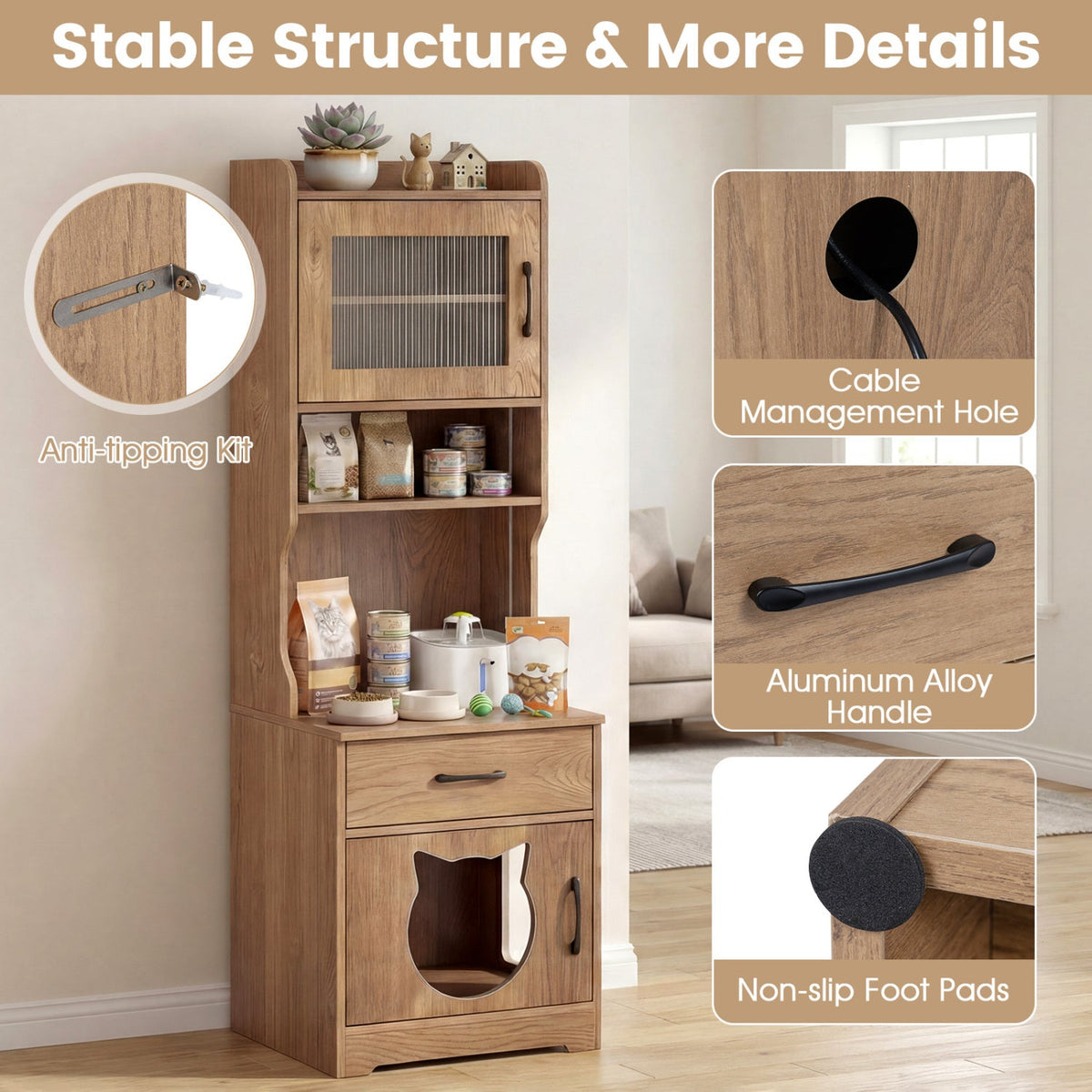 60" Cat Litter Box Enclosure Cabinet