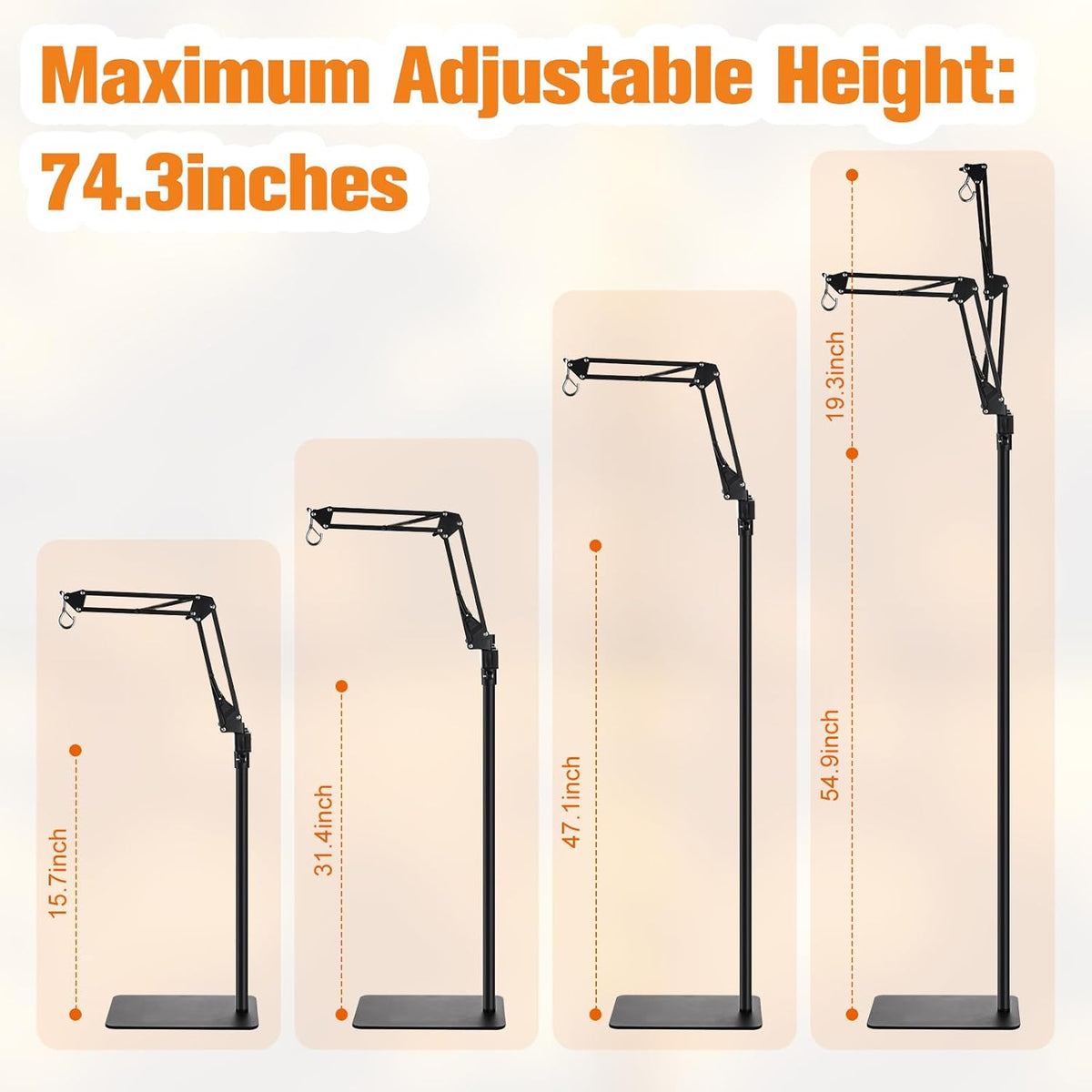 Lamp stand height diagram showing sectional pole configurations and maximum height of 74.3 inches
