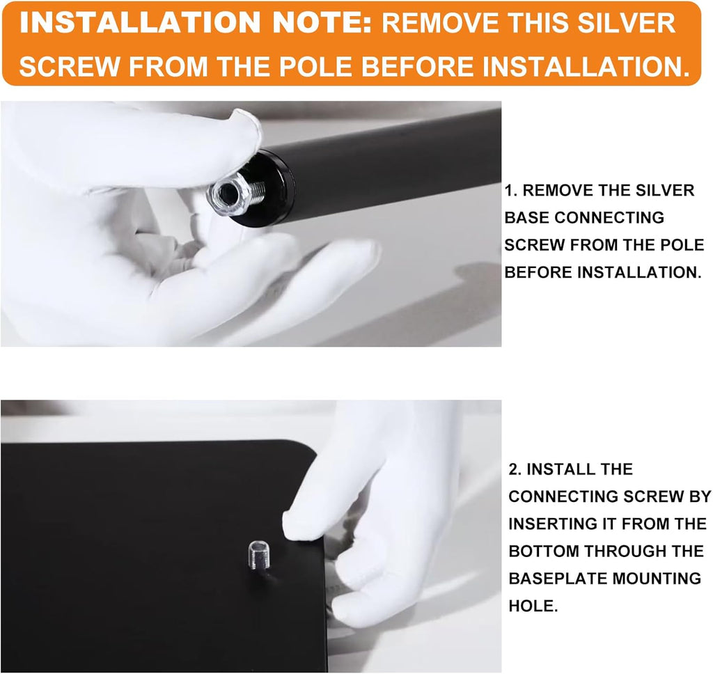 Assembly guide showing removal of the silver pole screw and insertion through the base plate