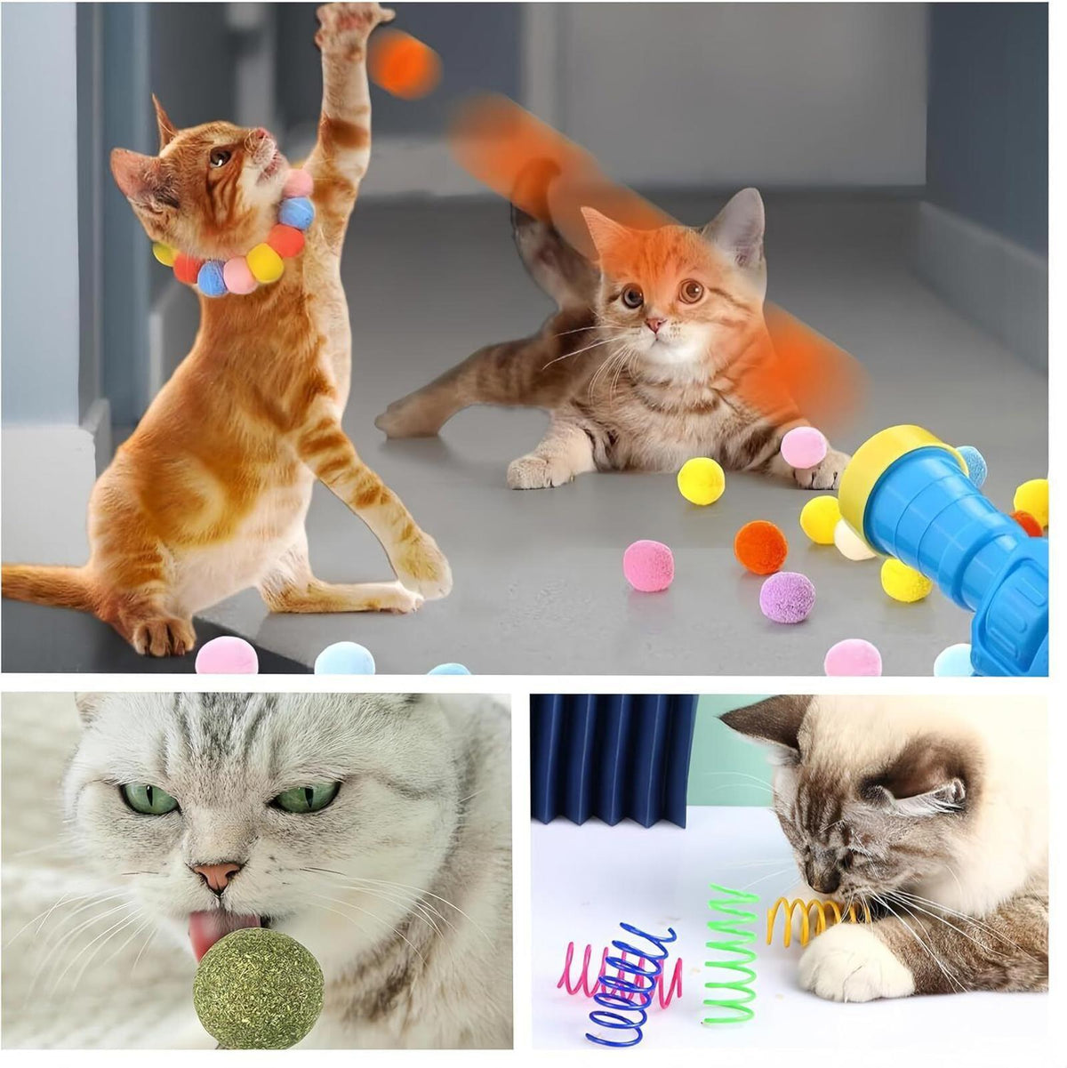 A collage showing several cats interacting with a colorful cat toy set in an indoor setting. The set includes a blue tunnel tube, multiple pom-pom balls in assorted colors, and a green ball with a textured cover.