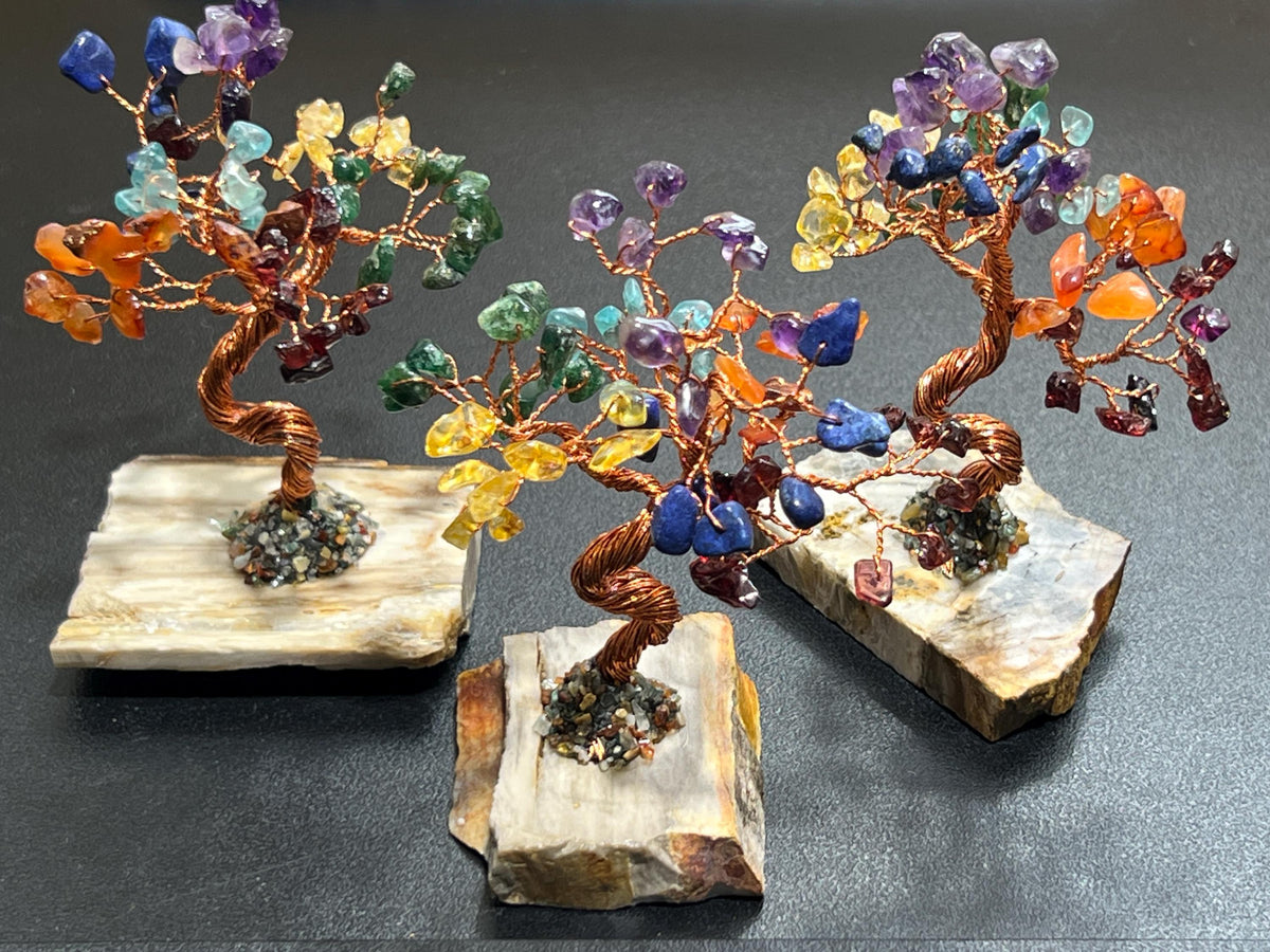 Multicolor Gemstone Bonsai Tree on Petrified Wood Base