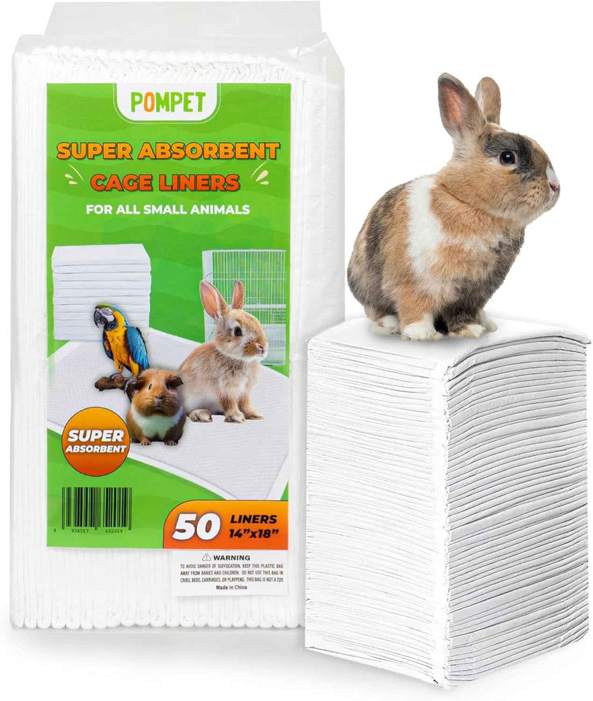 Pompet super absorbent cage liners packaging with a rabbit on top, on a white background