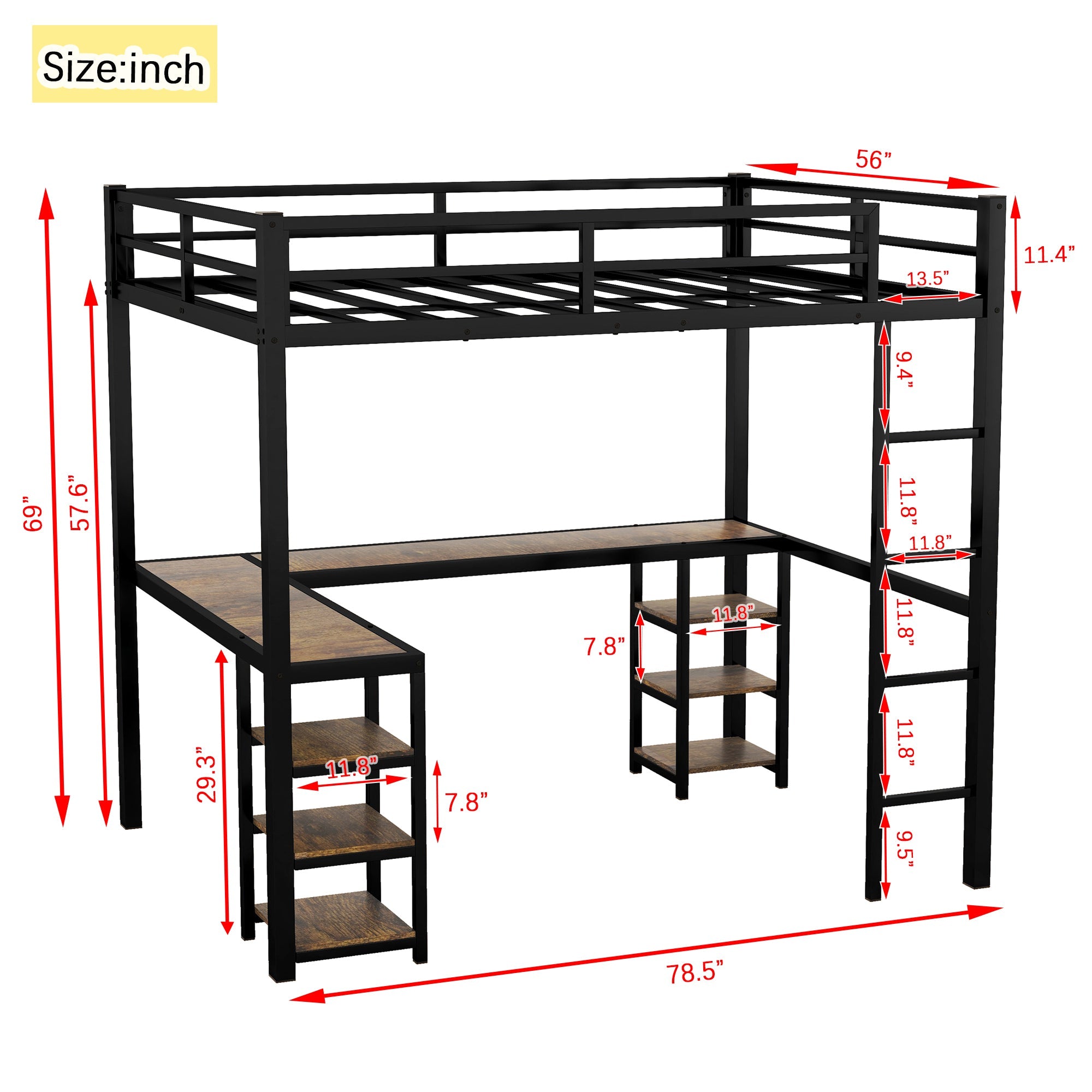 Full Metal Loft Bed with Desk, Shelves & Ladder – Full Size Space-Saving Bedroom Bed Frame