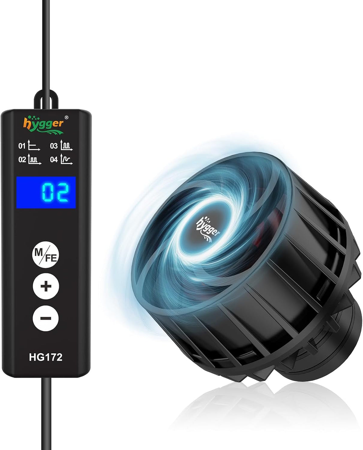 “Black Hygger wave maker beside HG172 controller with blue digital display”
