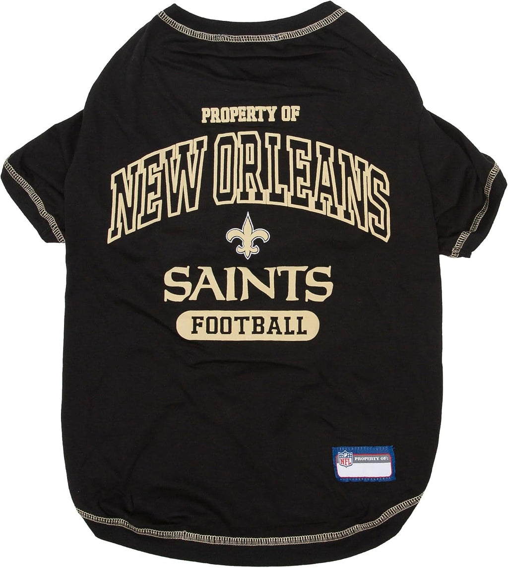 Black pet shirt with 'Property of New Orleans Saints Football' text and logo on a white background