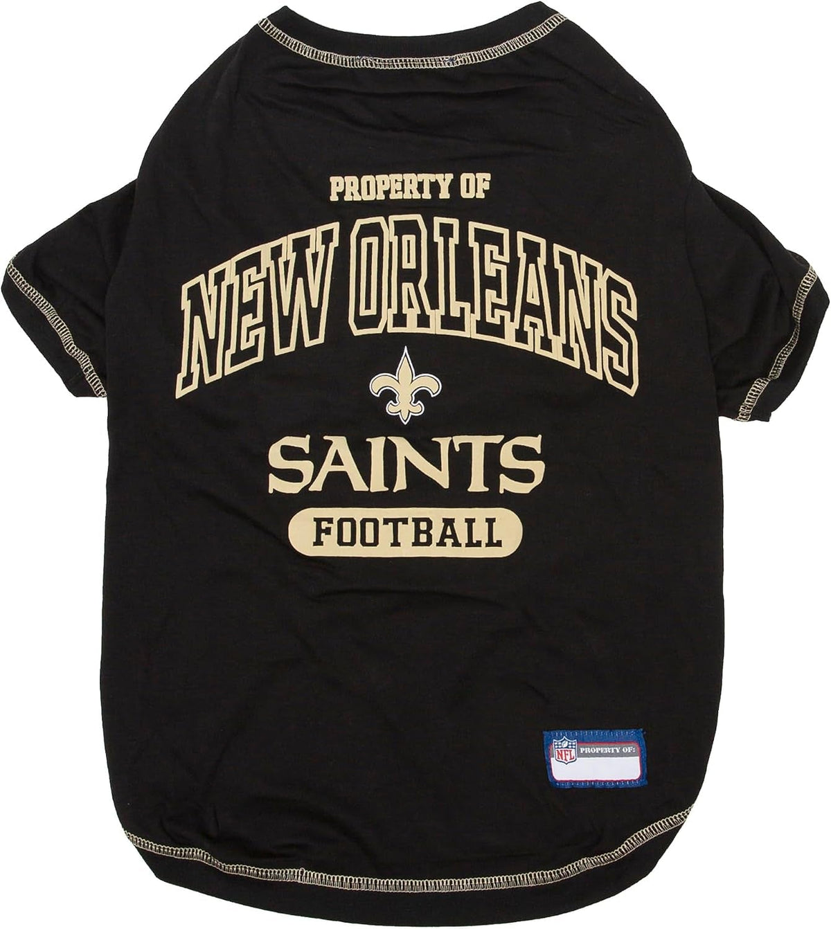 Black pet shirt with 'Property of New Orleans Saints Football' text and logo on a white background