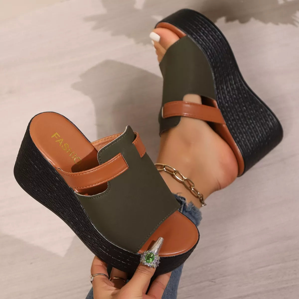 Women's Open Toe Platform Wedge Sandals | PU Leather Slide Heels