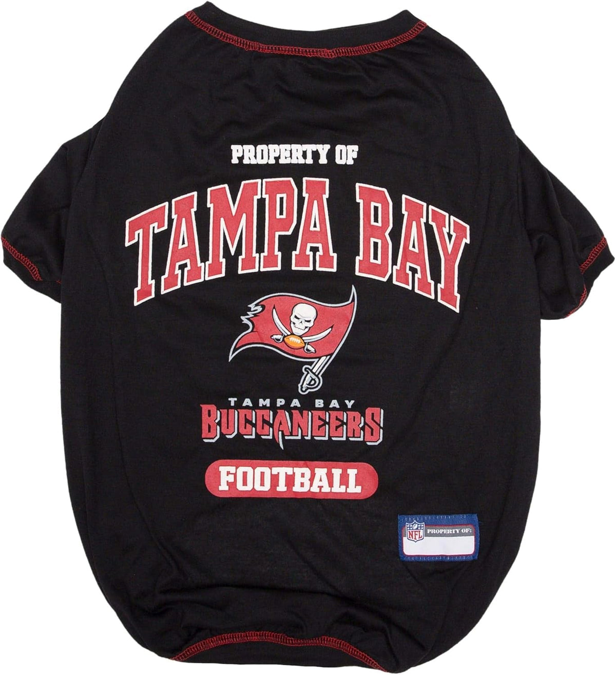 A black dog t-shirt featuring Tampa Bay Buccaneers graphics, including the team logo and 'Property of Tampa Bay Buccaneers Football' text, on a white background.